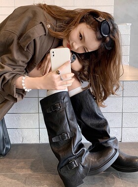 【胡可专属】苏茵茵~6.5cm增高扣带中筒西部骑士长靴女堆堆长短靴