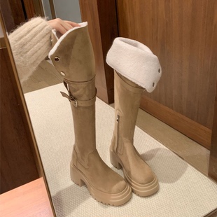 羊羔毛毛粗跟中高筒靴过膝靴女弹力靴 苏茵茵8cm厚底 千寻好物