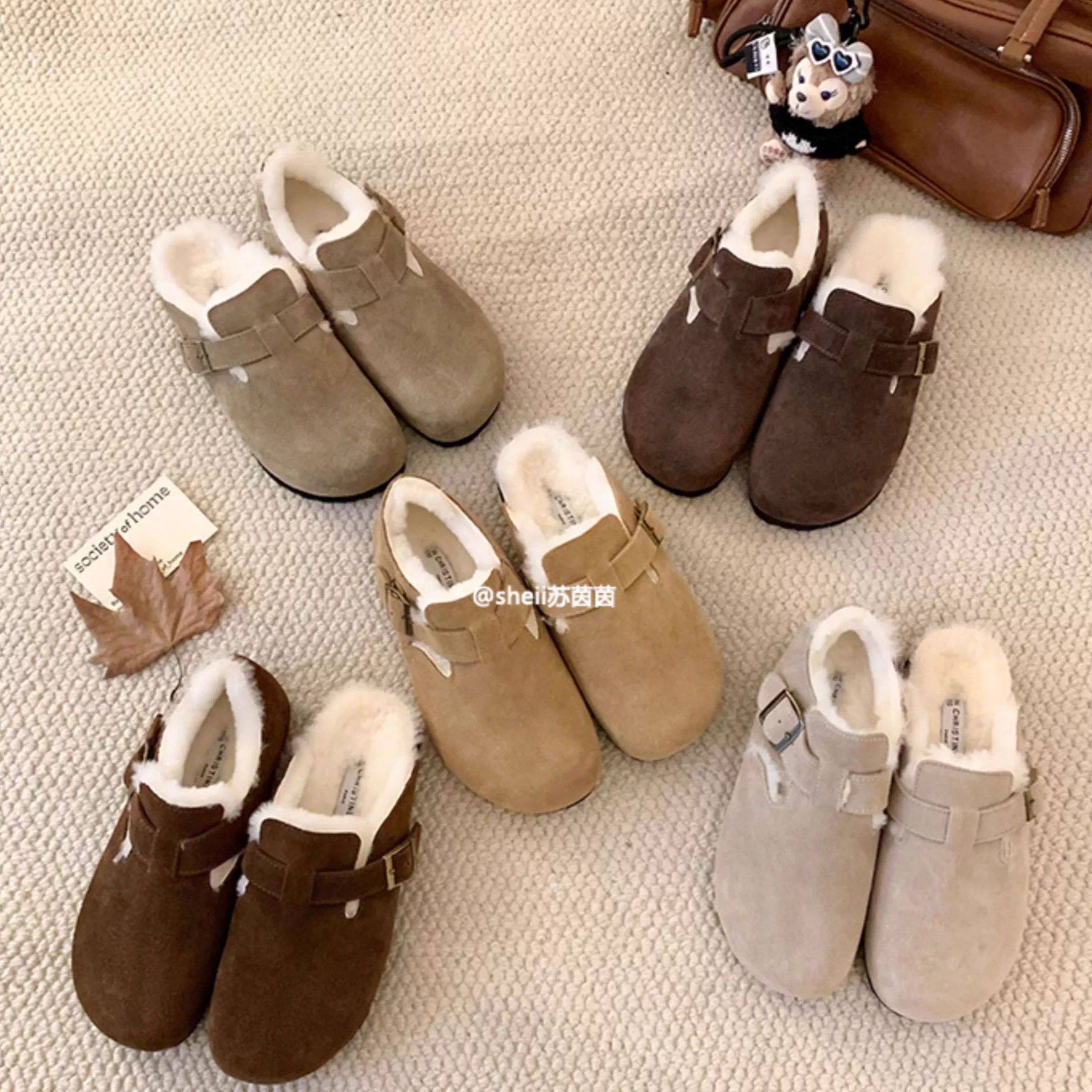 【烈儿宝贝】苏茵茵复古真皮内增高毛毛勃肯鞋单鞋包头半拖冬季