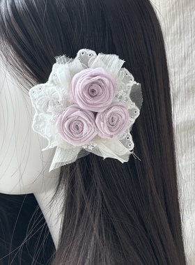 原创手作清冷头饰 粉紫色烧花玫瑰发夹胸针两用 个性氛围感小众