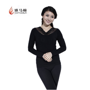 女青年纯色蕾丝无痕针织秋衣裤套装低领保暖长袖薄款时尚修身内衣