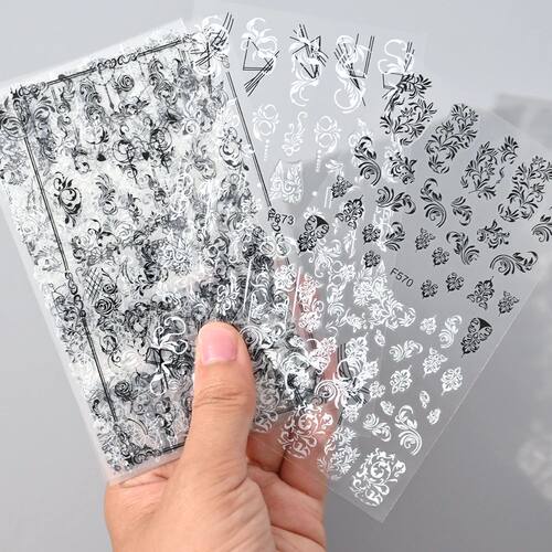 6Pcs/Set Black White Lace Flower Nail Art Stickers 3D Floral