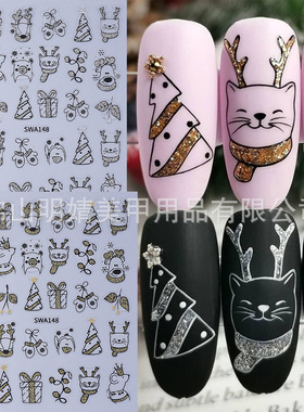 Christmas Nail Stickers Gold And Silver Glitter Cartoon Kitt