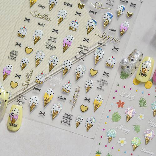 Cute Summer Ice Cream Nail Stickers With Golden Polka Dot Co