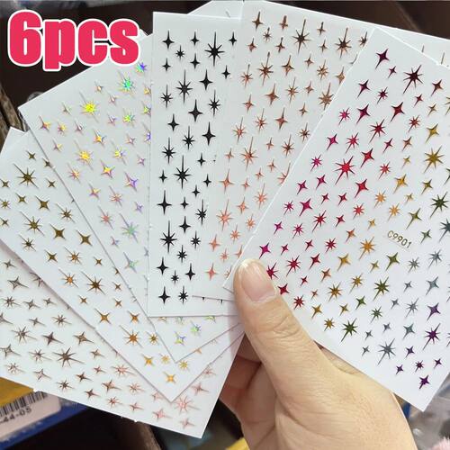 6Sheets Gold Silver Star Laser Nail Art Stickers Set 3D Bron
