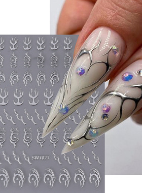 Hot Silver Thorns Flame Nail Sticker Gothic White Bone
