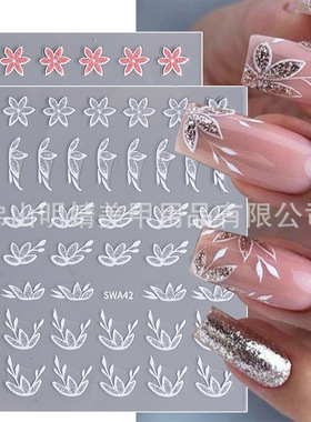Glitter Flower Nail Sticker Silver Glitter White Lace Flower