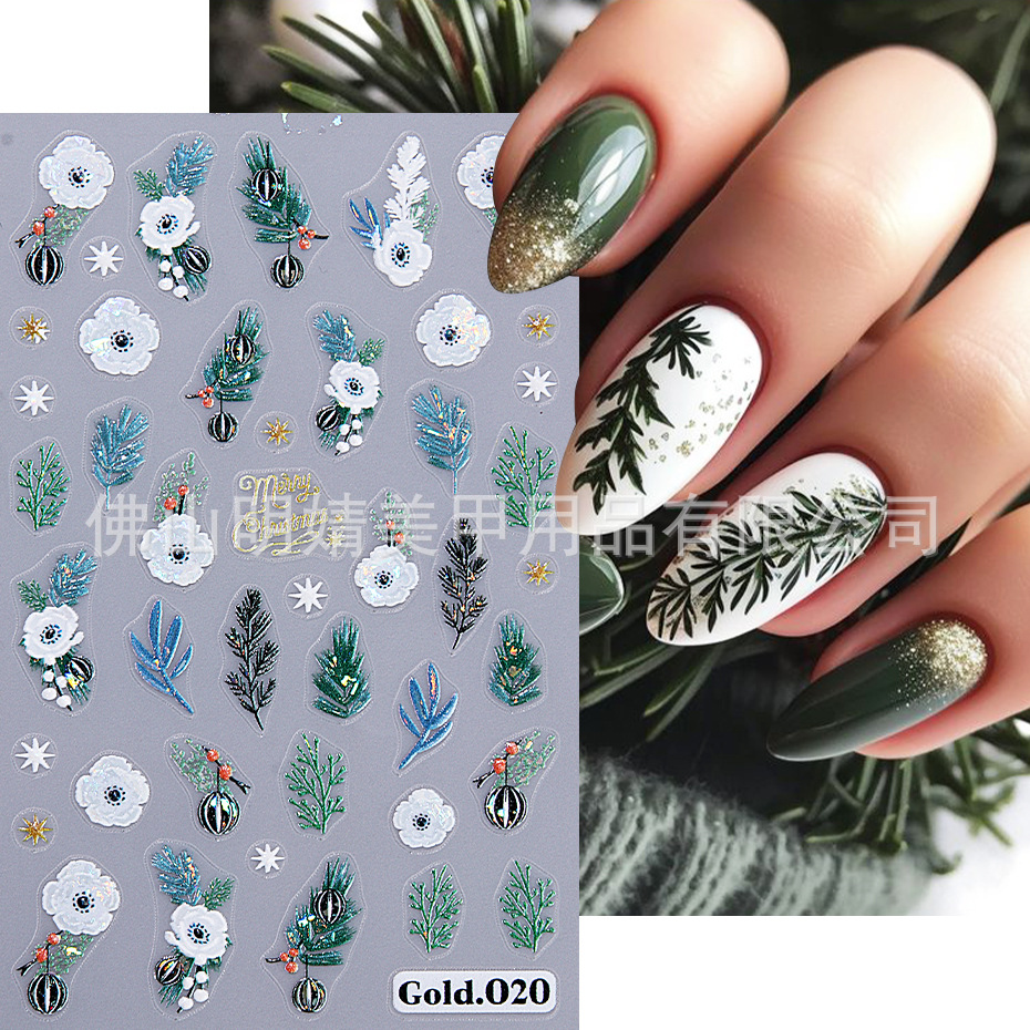 Embossed Flower And Grass Nail Sticker Laser Christmas Holid