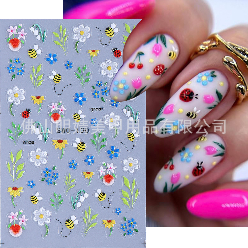 Micro Carved Nail Sticker Daisy Little Bee Ladybug Flower Wa