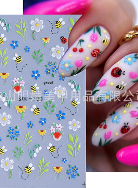 Micro Carved Nail Sticker Daisy Little Bee Ladybug Flower Wa