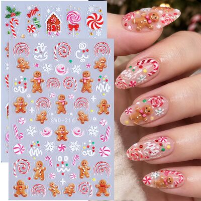 2pcs Embossed Christmas Nail Stickers Cute Gingerbread Candy