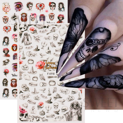 Halloween Nail Stickers Skull Corpse Bride Witch Pumpkin Adh