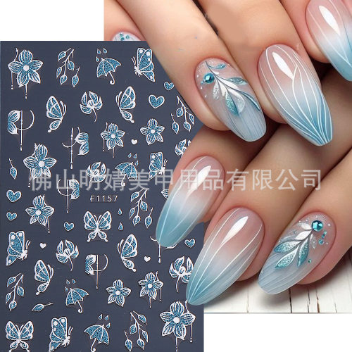 Silver Flower Nail Sticker Blue Glitter Fresh Japanese Flowe