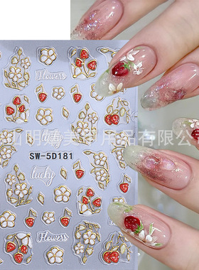 Nail Sticker Japanese Crystal Strawberry Flower Embossed 5d