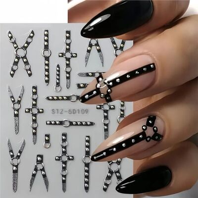 1pcs Gothic Punk Black Line Nail Art Sticker Glitter Black B