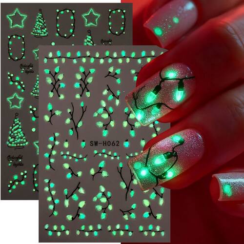 2pcs Luminous Christmas Light Nail Sticker Simple Xmas Tree