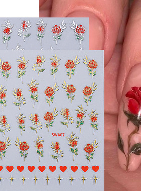 Nail stickers with gold borders roses hot stamping silver le