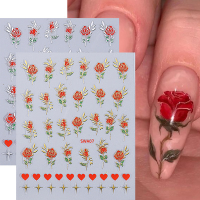 Nail stickers with gold borders roses hot stamping silver le
