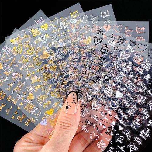 6Pcs/Pack Laser Gold Silver 3D Nail Art Stickers Love Heart