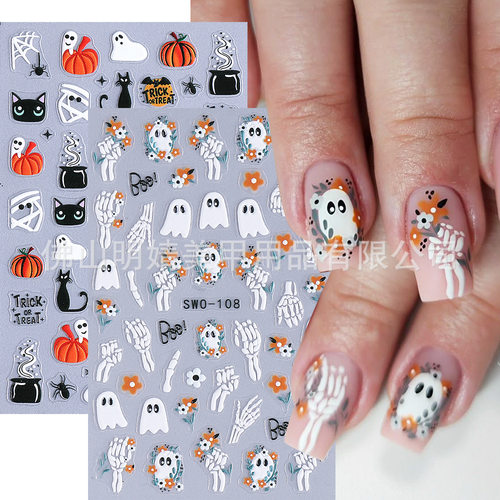 Halloween Nail Stickers Cute Black Cat Pumpkin Ghost Spider