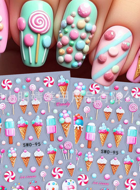 Embossed Nail Sticker Spring Summer Macaron Ice Cream Candy