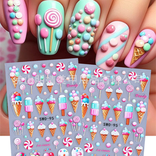Embossed Nail Sticker Spring Summer Macaron Ice Cream Candy