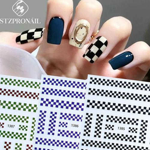 Checkerboard Nail Stickers Black And White Klein Blue Checke