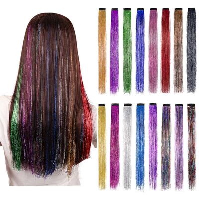 93cm Glitter Hair Tinsel Extension with BB Clips Laser Gold