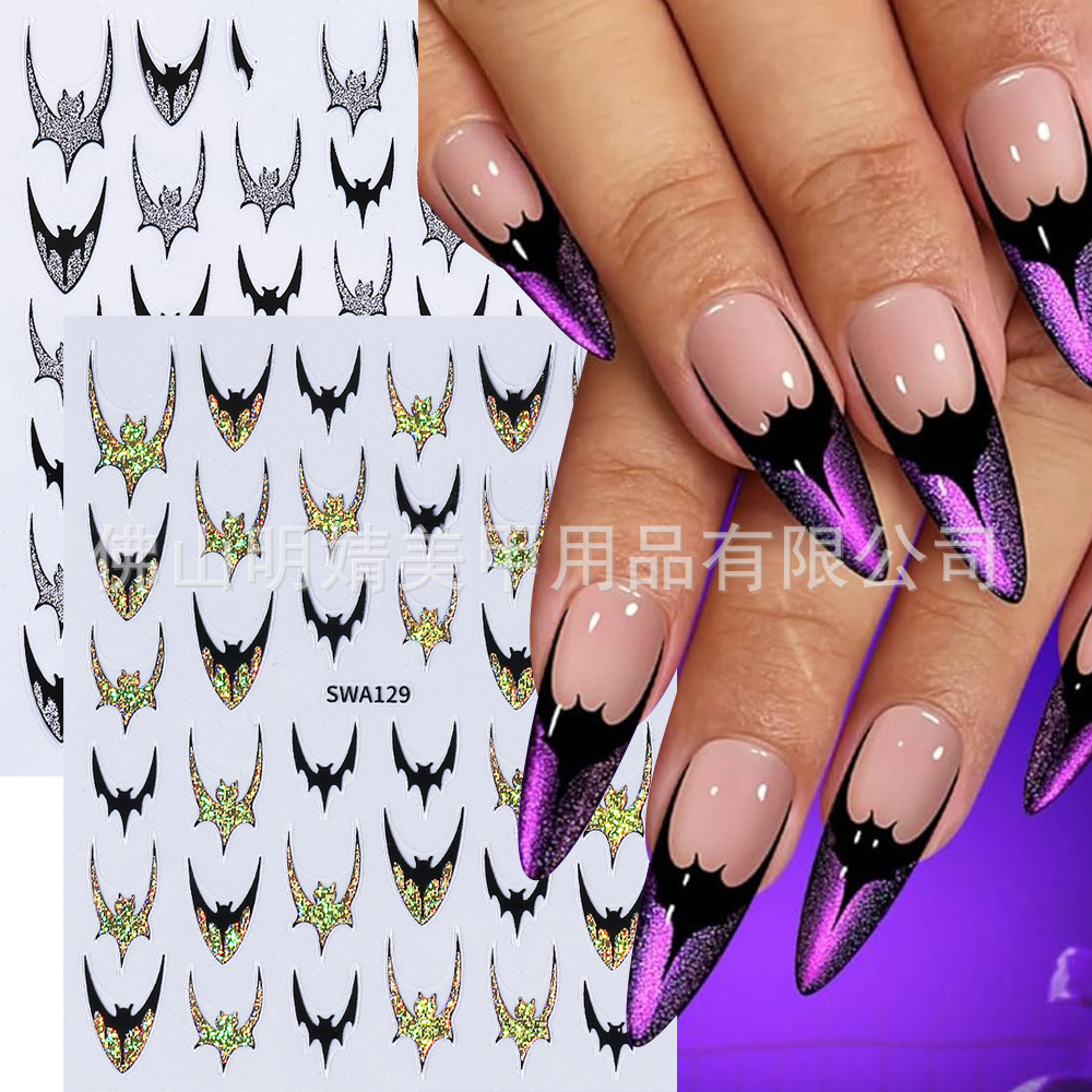 Halloween nail stickers with glitter powder dark bat glitter