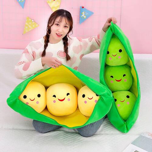 New 25cm Cute Pea Pod Pea Shape Plush Plant Doll 3 Beans Wit
