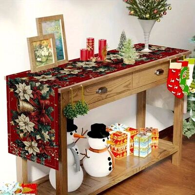 1pc Elegant Red Christmas Table Runner with Poinsettia Bells