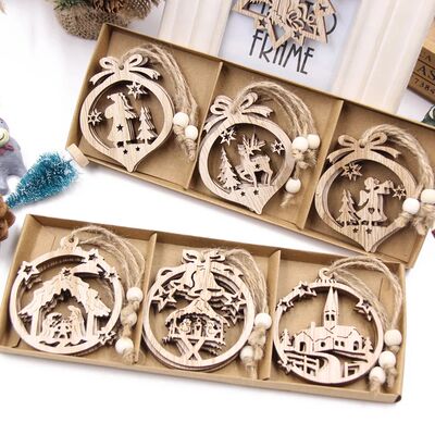 12PCS/Box Christmas Wooden Pendants Hollowed Star Bell Ornam