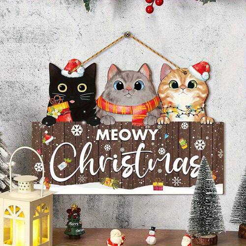 1Pcs Christmas Wooden Cute Cat Pendant Christmas Party Door