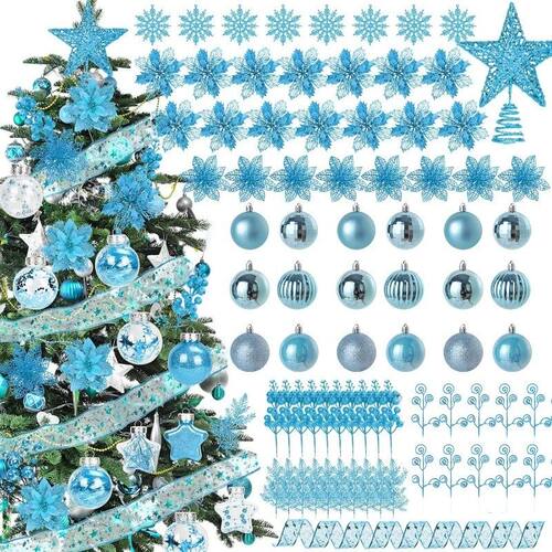Blue Artificial Flowers Christmas Tree Decoration Glitter St