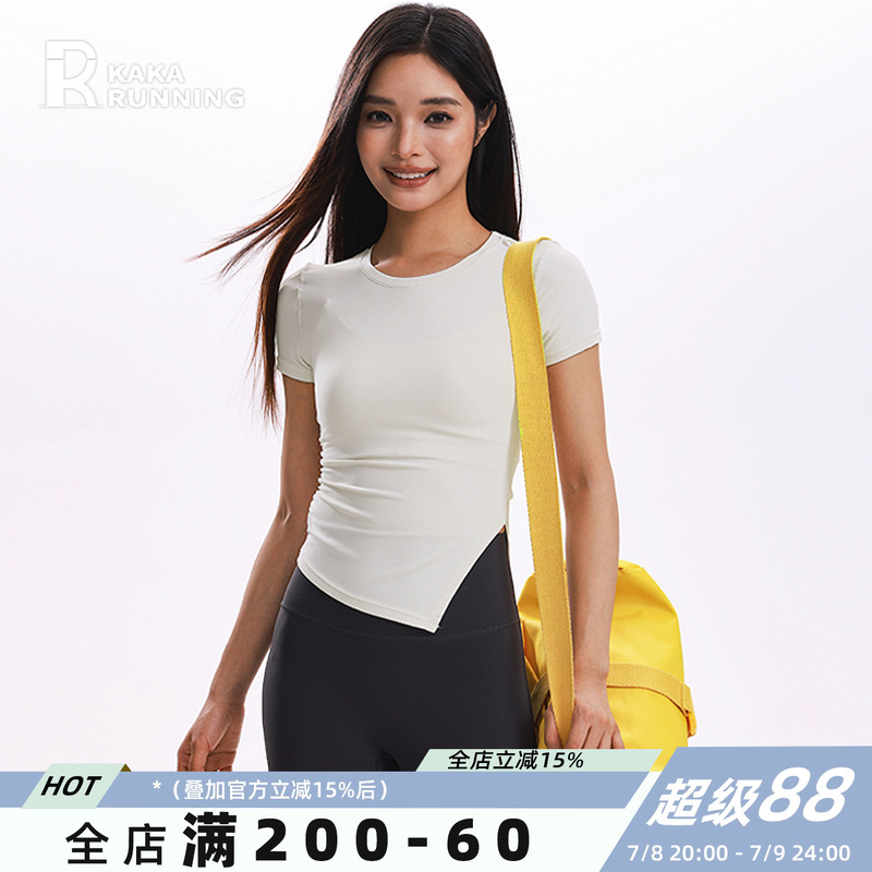 奔跑吧卡卡运动t恤女夏长款遮肉短袖上衣速干休闲紧身瑜伽健身服