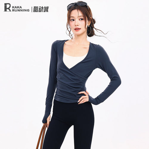 奔跑吧卡卡运动服女瑜伽服交叉褶皱深V性感健身上衣长袖普拉提服
