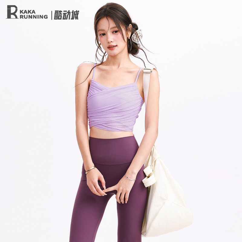 奔跑吧卡卡一体式固定杯运动内衣女细带瑜伽健身网纱交叉背心文胸