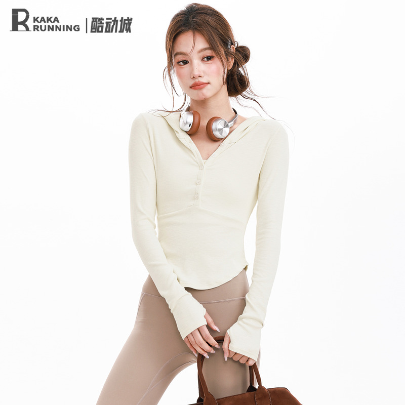 奔跑吧卡卡运动上衣女连帽纽扣瑜伽服遮肉显瘦休闲百搭T恤长袖秋