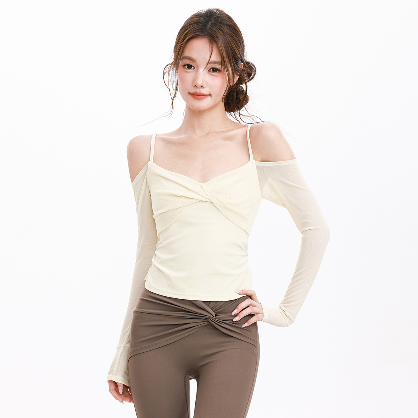 奔跑吧卡卡固定杯运动上衣女露肩吊带瑜伽服长袖高级感T恤健身服