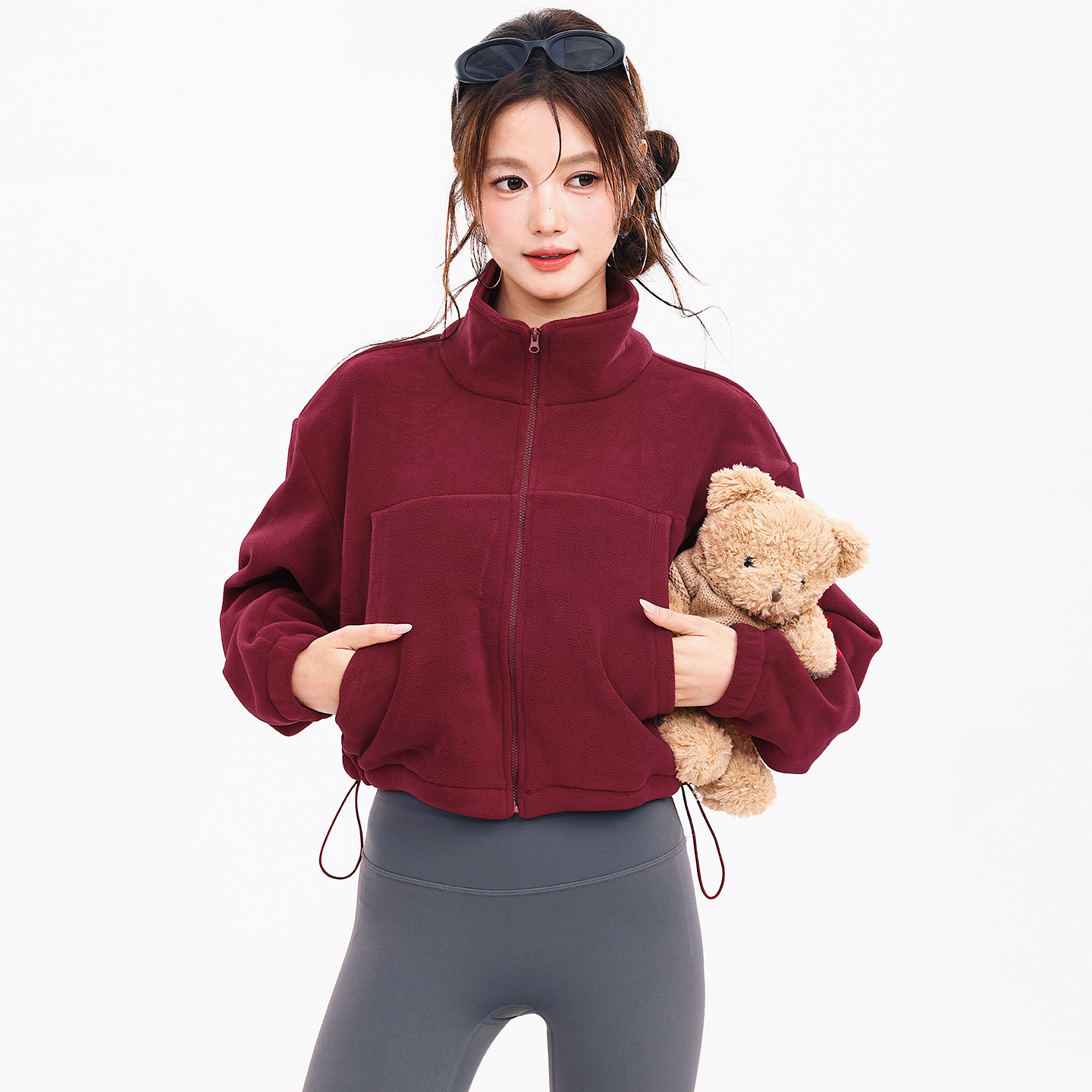 奔跑吧卡卡卫衣外套女立领瑜伽服运动时尚洋气毛绒外套复古夹克女