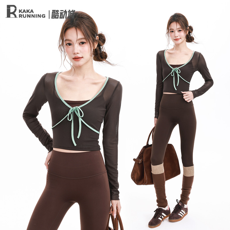 奔跑吧卡卡美拉德运动绑带网纱上衣女长袖固定杯瑜伽普拉提健身服