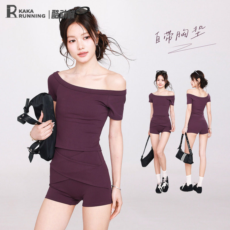 奔跑吧卡卡含胸垫运动上衣女露肩瑜伽服设计感T恤夏季休闲健身服