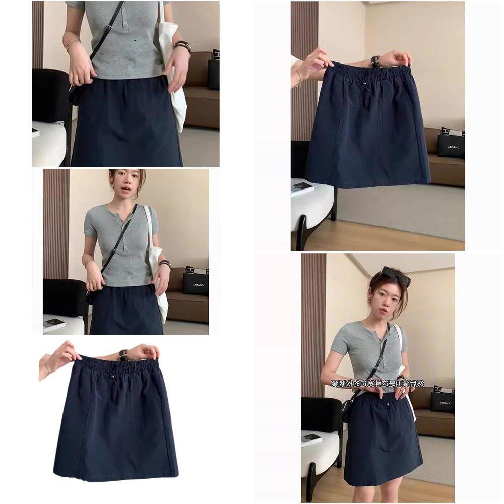 藏青色工装半身裙女夏季高腰显瘦a字短裙梨形身材松紧腰包臀裙子