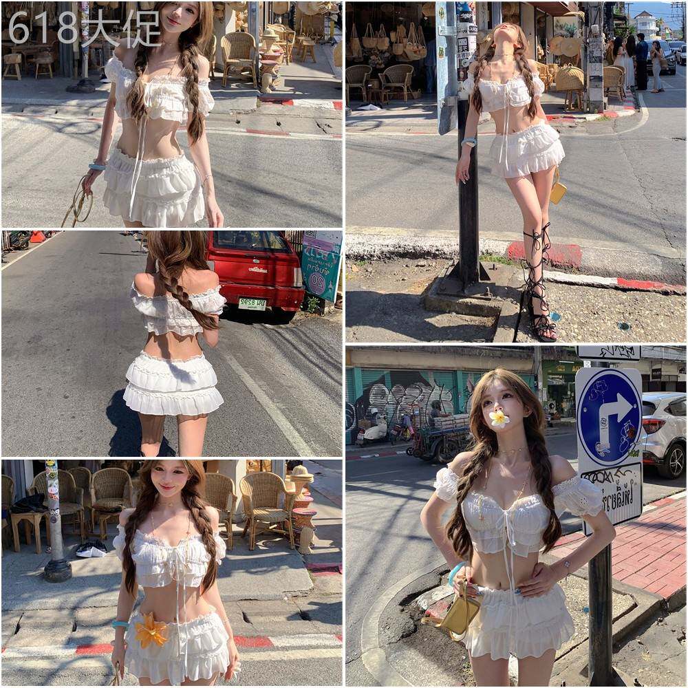 云南泰国旅游度假穿搭女辣妹白色一字肩短款上衣蛋糕短裙两件式套