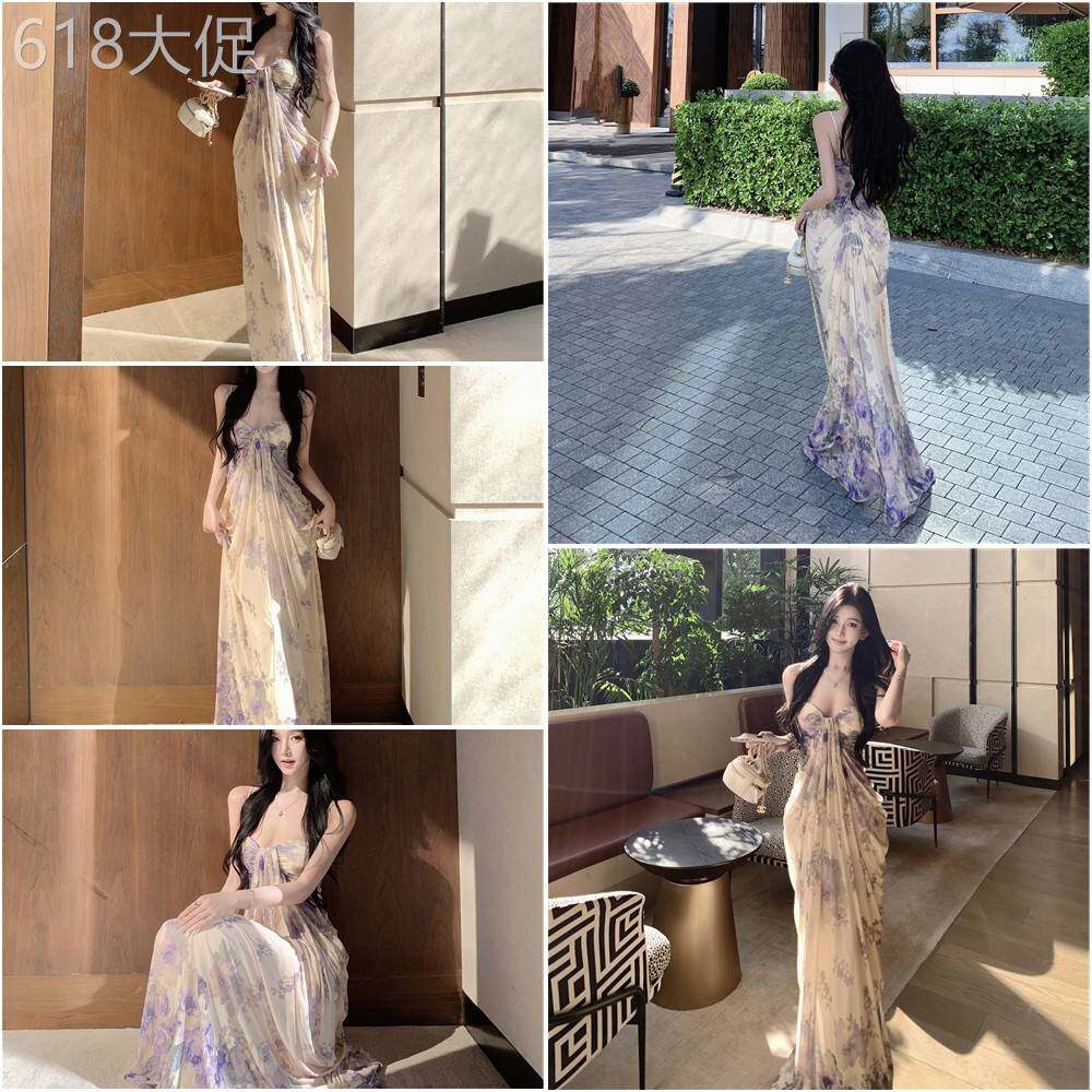 海边度假绝美仙气沙滩长裙纯欲性感紫色碎花吊带连衣裙女拖地裙子