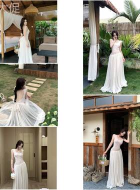 白色蕾丝拼接吊带洋装女夏季温柔风收腰大摆a字裙绑带露背长裙
