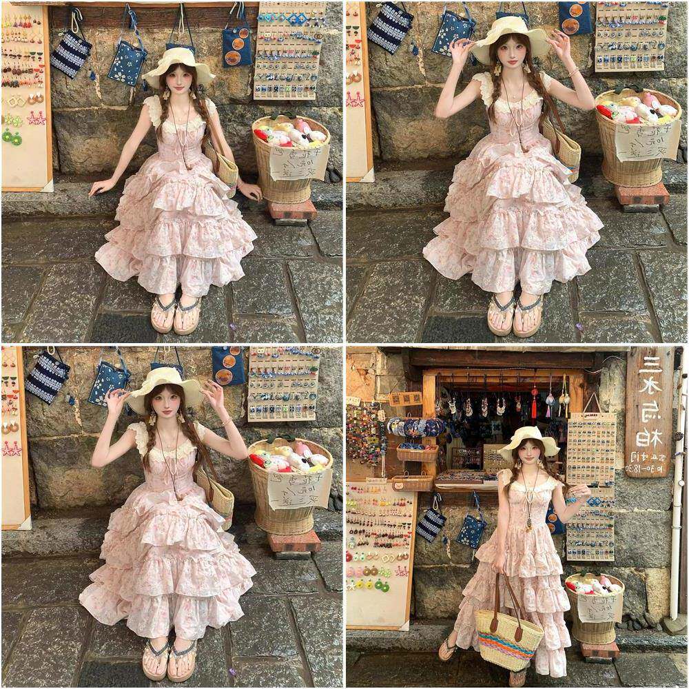 甜美粉红色碎花洋装女夏日绝美温柔风公主蛋糕裙仙女蓬蓬长裙子