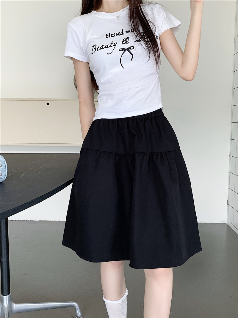 大码黑色学院风蓬蓬裙半身裙女夏季百搭松紧腰a字裙遮肚显瘦中裙