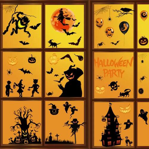 Halloween Static Window Clings Black Tree Bats Spiders Pumpk