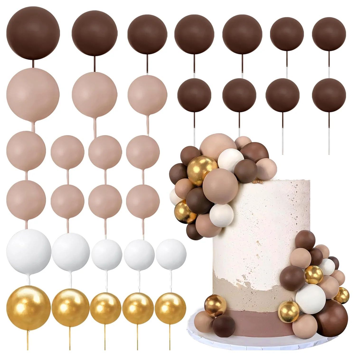 32PCS Brown Gold Ball Cake Picks Ball Shaped Cake Topper Pea